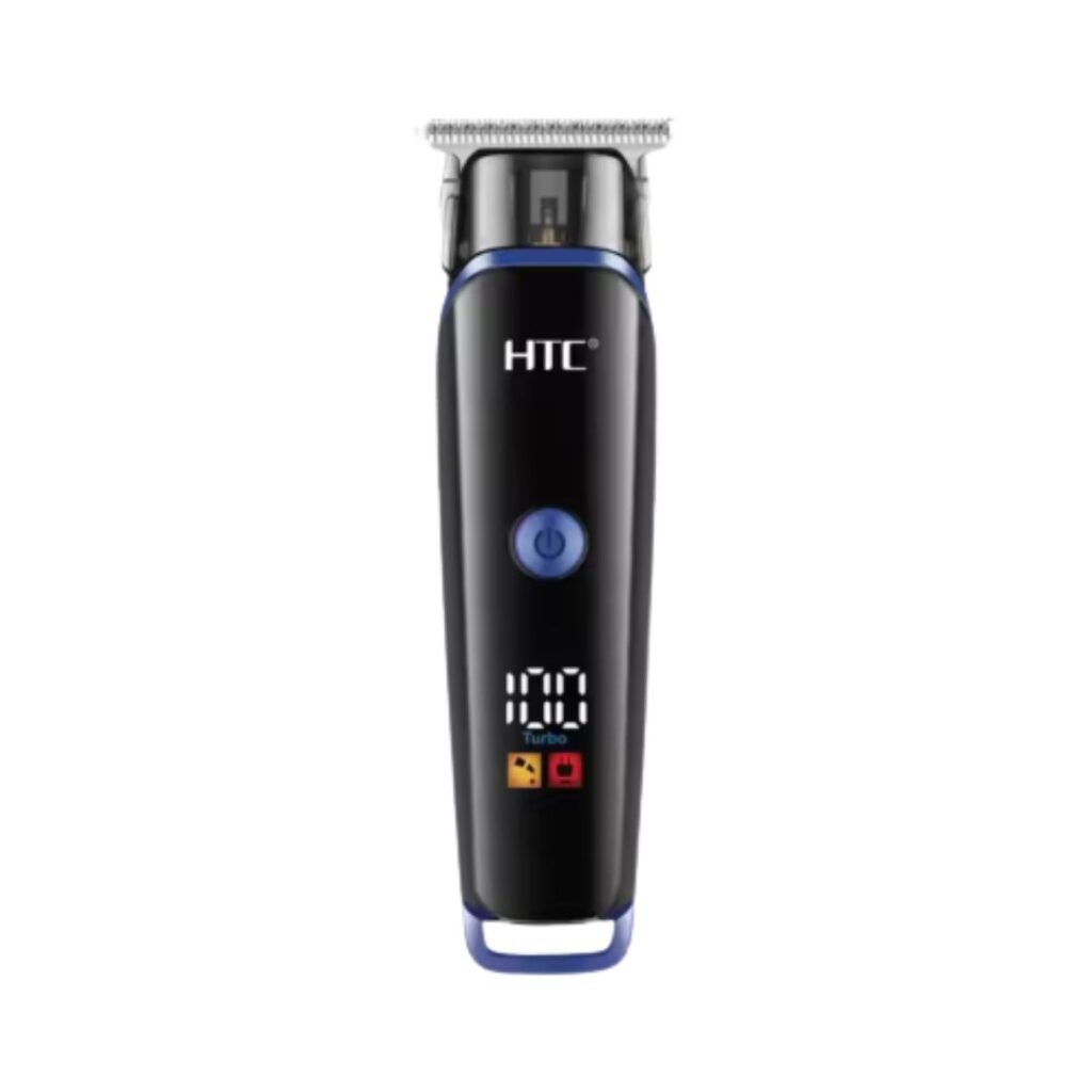 Black HTC AT-569 cordless hair trimmer and men's hair clipper featuring a precision zero-cutting T-blade and a smart digital LCD display