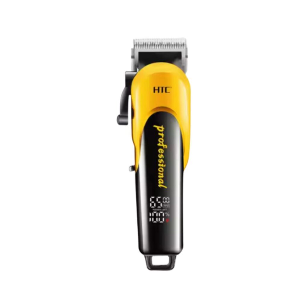 Red and black HTC CT-8082 professional corded hair clipper grooming machine for men with a heavy-duty pivot motor and an adjustable taper lever