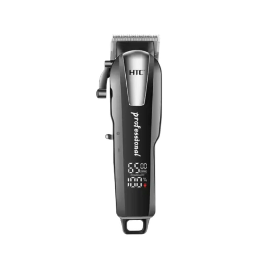 Pure metal body HTC CT-8083 professional hair clipper and beard trimmer for men with a self-sharpening carbon steel blade and an LCD digital power display