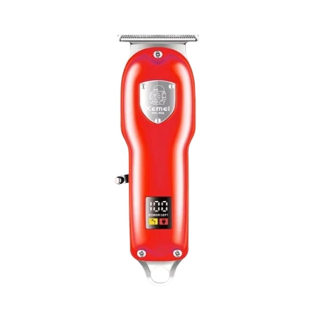 Sleek metal body Kemei KM-026 rechargeable hair clipper and beard trimmer for men with a self-sharpening carbon stainless steel blade and smart LED digital display