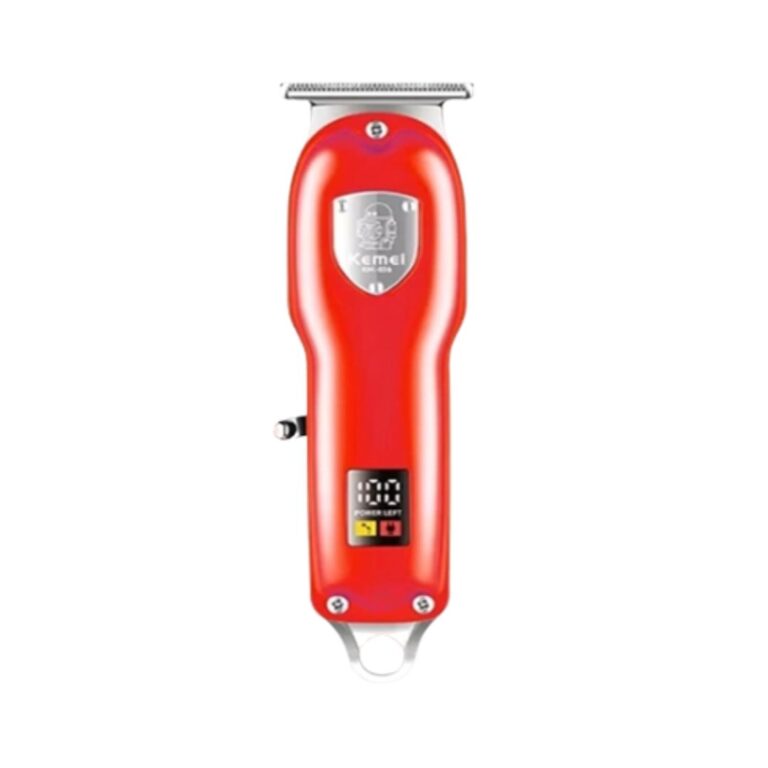 Sleek metal body Kemei KM-026 rechargeable hair clipper and beard trimmer for men with a self-sharpening carbon stainless steel blade and smart LED digital display