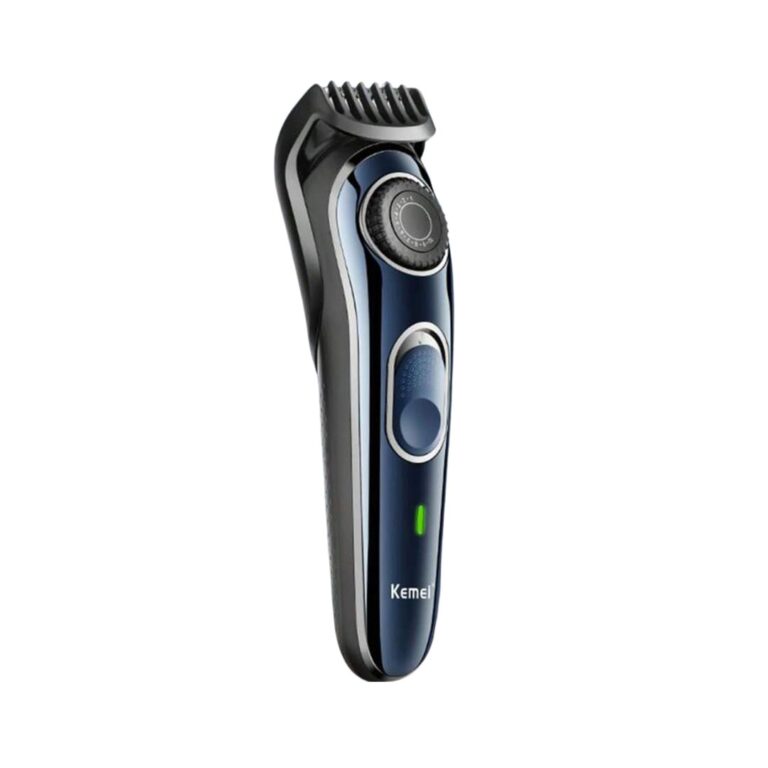 Blue Kemei KM-1256 rechargeable hair clipper and cordless beard trimmer for men with adjustable 1-10mm cutting length wheel and stainless steel blades