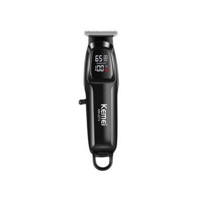 Black Kemei KM-2273 professional rechargeable hair clipper and cordless beard trimmer for men featuring an LCD digital display and self-sharpening stainless steel blades