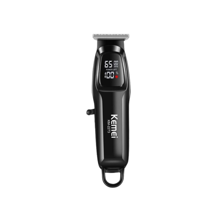Black Kemei KM-2273 professional rechargeable hair clipper and cordless beard trimmer for men featuring an LCD digital display and self-sharpening stainless steel blades
