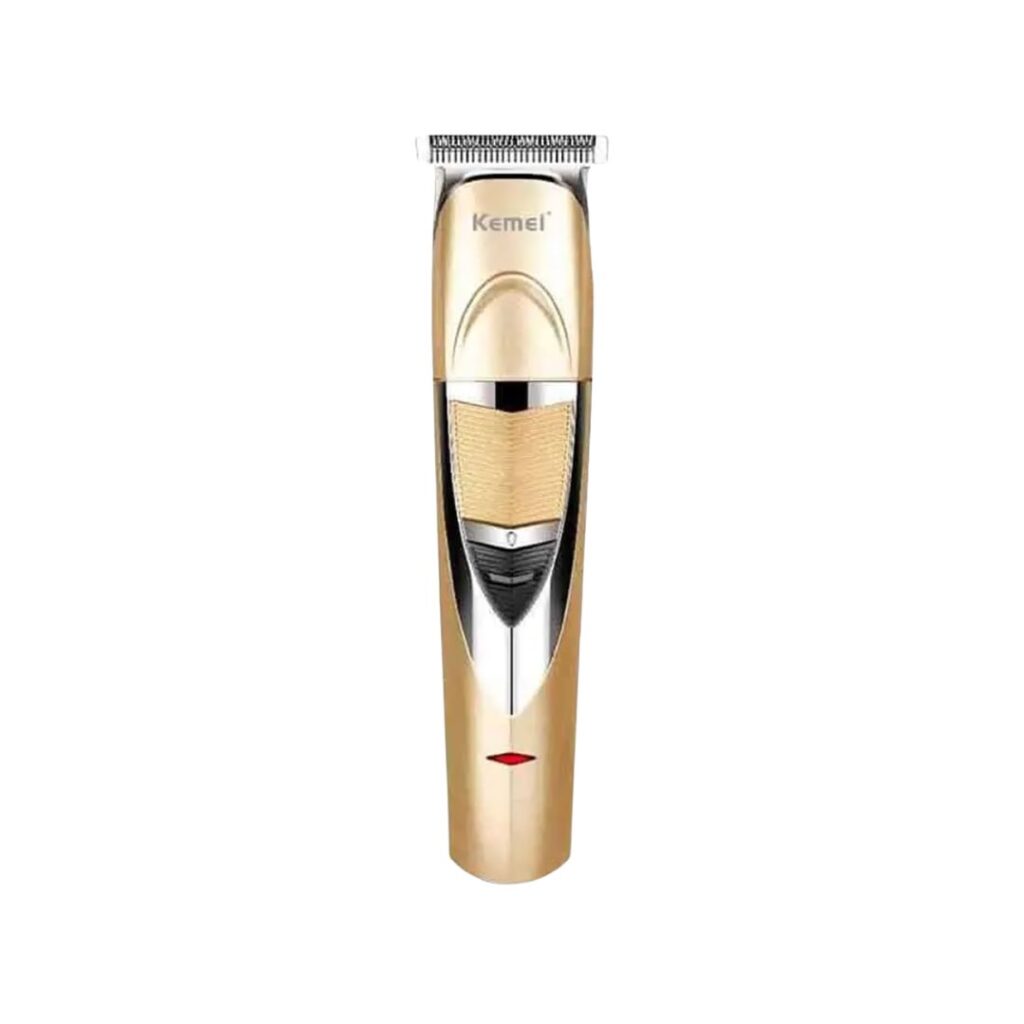 Rose gold Kemei KM-235 rechargeable cordless beard trimmer for men featuring titanium-coated blades and an LED charging indicator