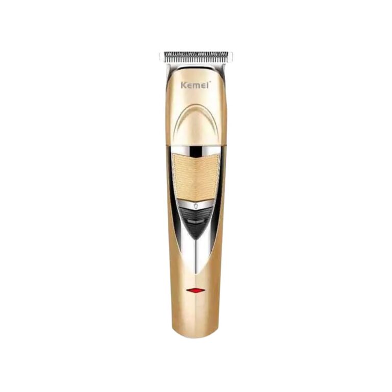 Rose gold Kemei KM-235 rechargeable cordless beard trimmer for men featuring titanium-coated blades and an LED charging indicator