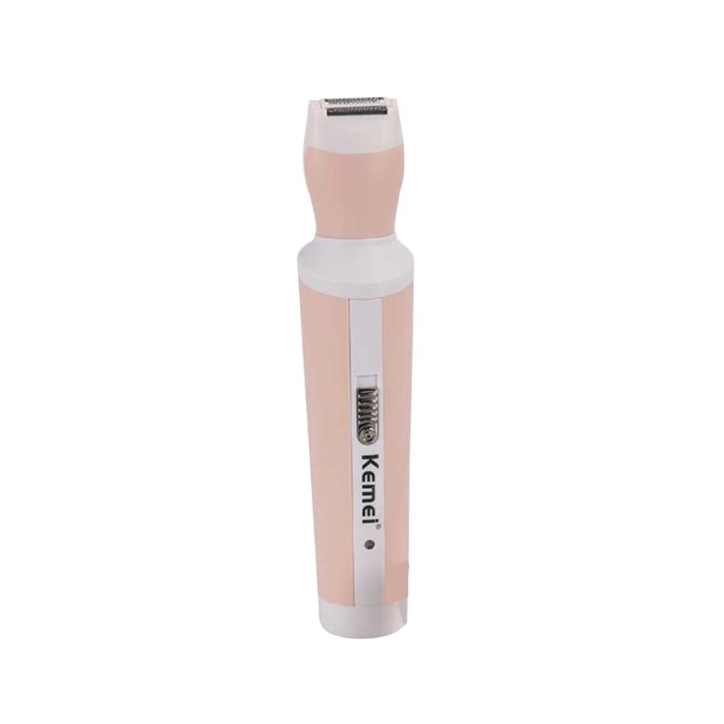 Pink and white Kemei KM-3024 rechargeable cordless 4-in-1 multi-functional grooming kit and lady shaver with interchangeable heads and stainless steel blades