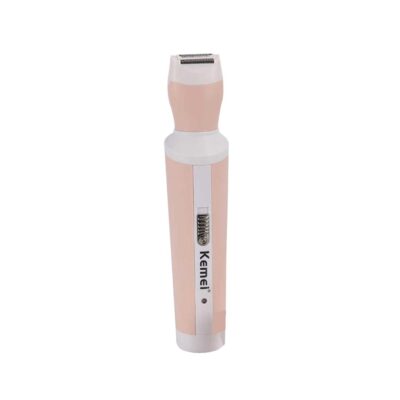 Pink and white Kemei KM-3024 rechargeable cordless 4-in-1 multi-functional grooming kit and lady shaver with interchangeable heads and stainless steel blades