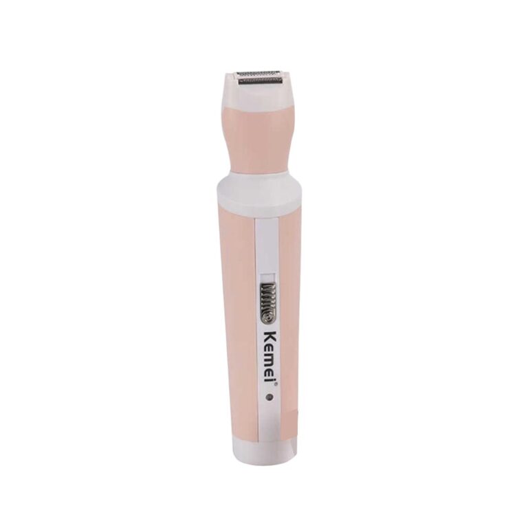 Pink and white Kemei KM-3024 rechargeable cordless 4-in-1 multi-functional grooming kit and lady shaver with interchangeable heads and stainless steel blades
