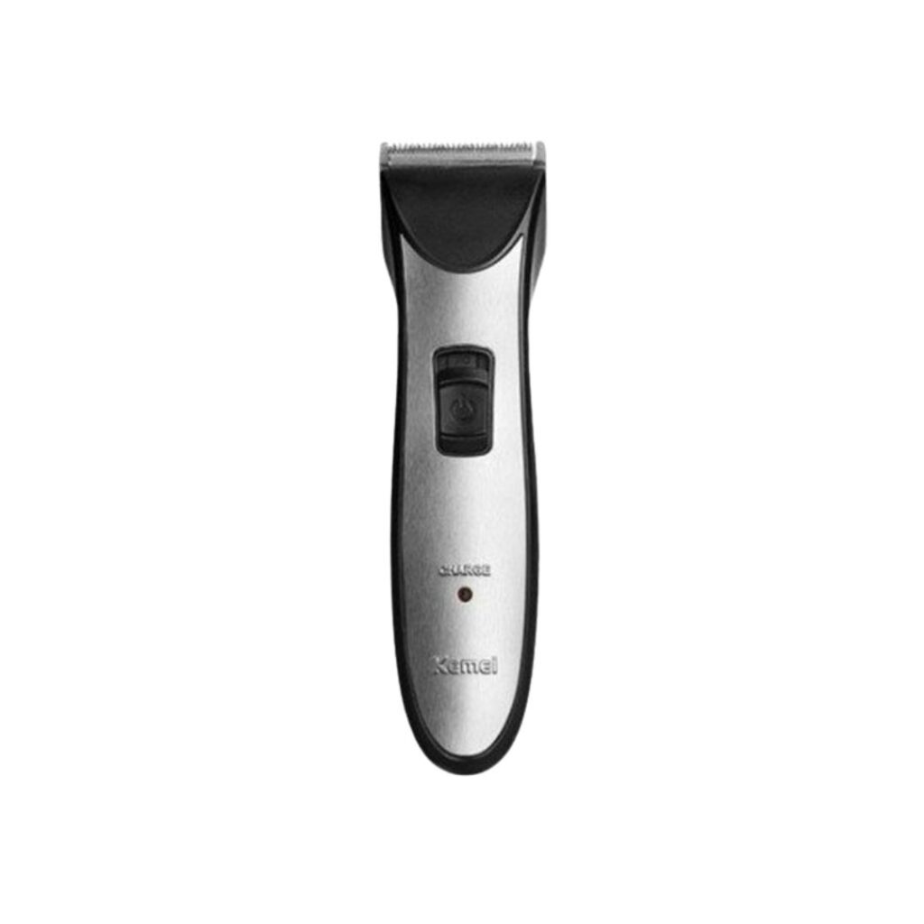 Sleek silver Kemei KM-3909 professional hair clipper and rechargeable cordless trimmer for men with an ergonomic handle and stainless steel blades