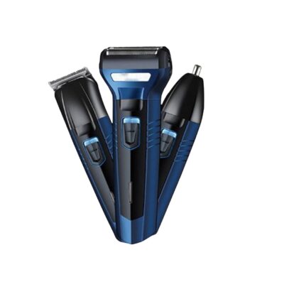 Black Kemei KM-6330 3-in-1 rechargeable cordless grooming kit with interchangeable hair clipper, nose hair trimmer, and foil shaver attachment heads