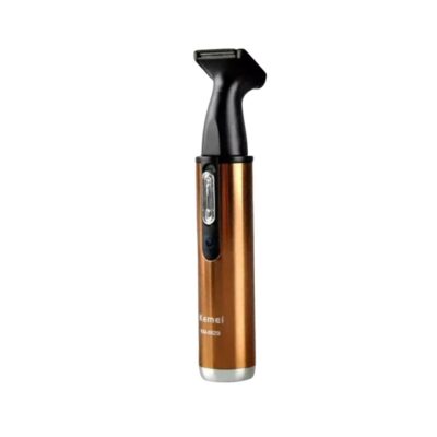 Black Kemei KM-6629 rechargeable cordless 2-in-1 nose, ear, and beard hair trimmer for men and women with interchangeable stainless steel cutting heads