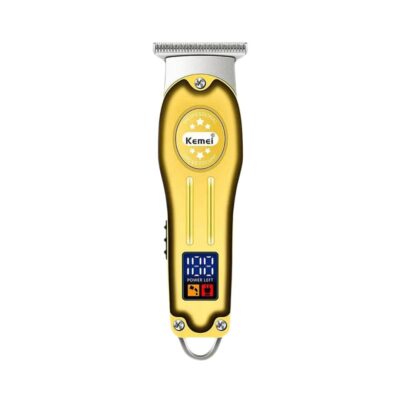 Gold and silver Kemei KM-678 professional cordless beard trimmer and hair clipper for men featuring a metallic body and an LCD digital battery display