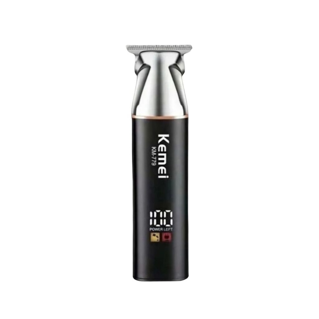 Black Kemei KM-779 professional rechargeable cordless hair and beard trimmer for men featuring a digital LCD battery status display and sharp zero-gap steel blades