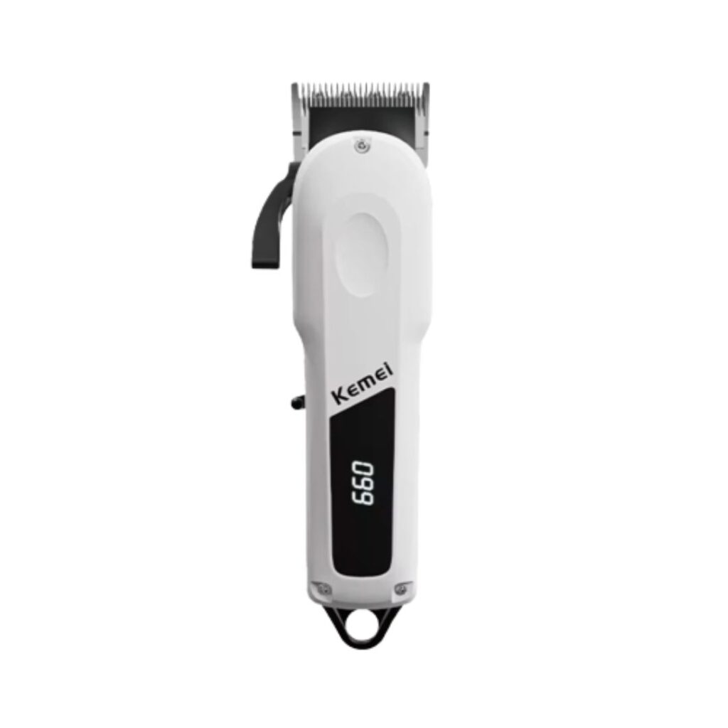 Pure metal body Kemei KM-807 professional hair clipper and cordless beard trimmer for men featuring a side adjustable taper lever and a transparent LED digital display
