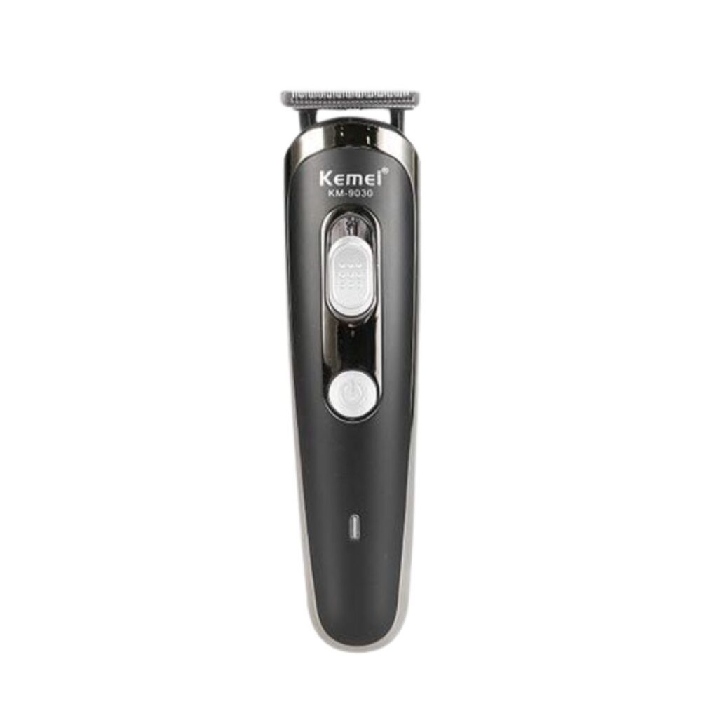 Black Kemei KM-9030 titanium blade cordless trimmer and hair clipper for men featuring a gold titanium-alloy rotating adjustment wheel and a silver Pd alloy motor