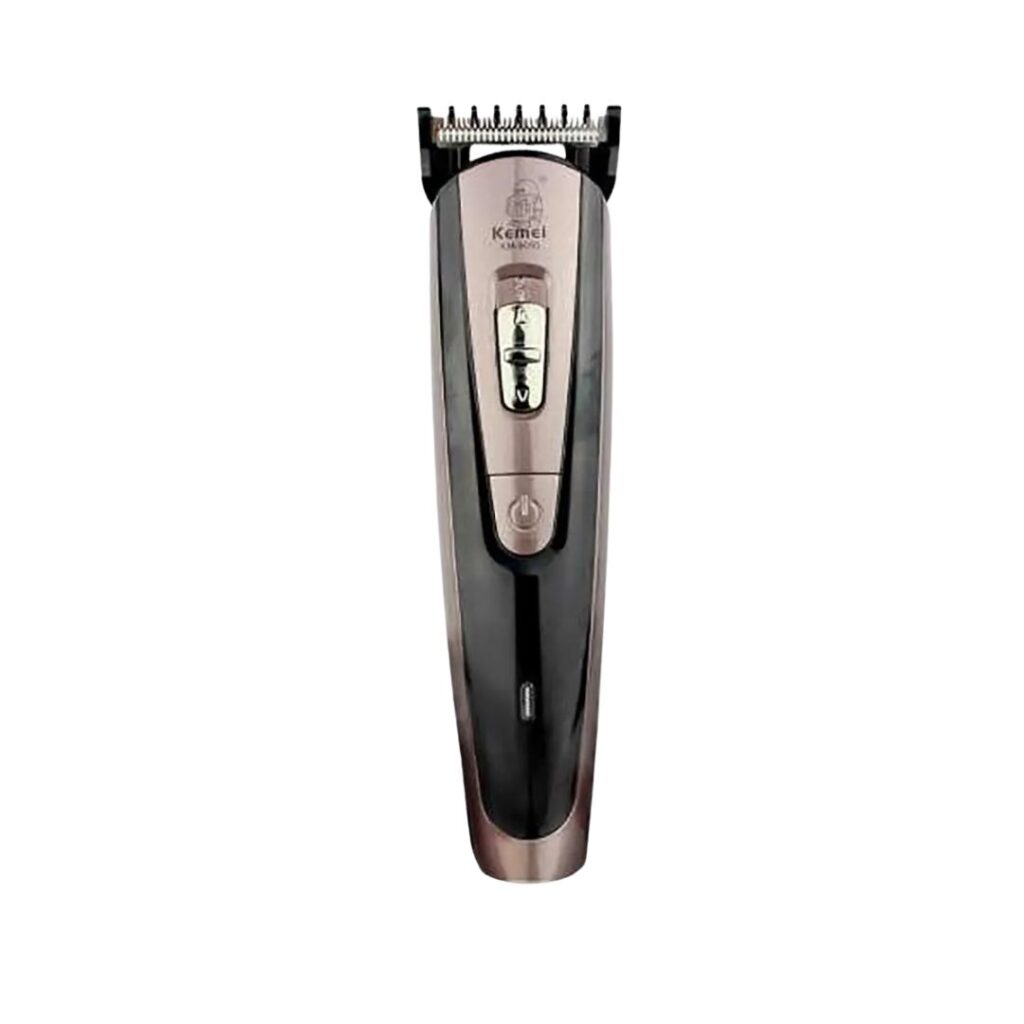 Black Kemei KM-9050 rechargeable hair clipper and cordless beard trimmer for men featuring a gold-accented body and a high-precision stainless steel blade