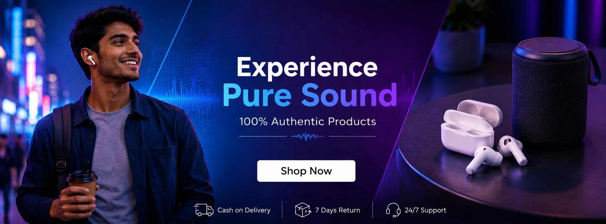 Praazo e-commerce banner featuring a person using unbranded wireless earbuds and a sleek power bank on a gradient background.