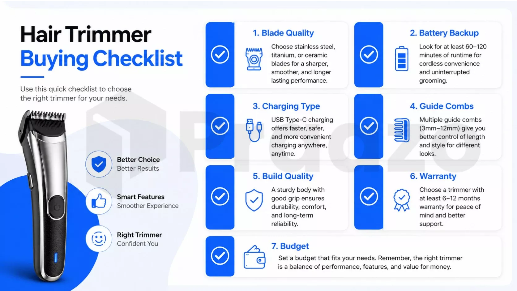 Checklist showing the most important factors before buying a hair trimmer.
